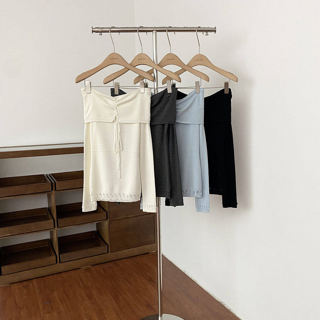 韩系甜辣个性一字领绑带修身针织衫女春夏长袖修身镂空设计感毛衣