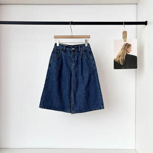 显瘦潮 百搭休闲短裤 韩系复古设计感高腰宽松牛仔阔腿五分裤 女夏季