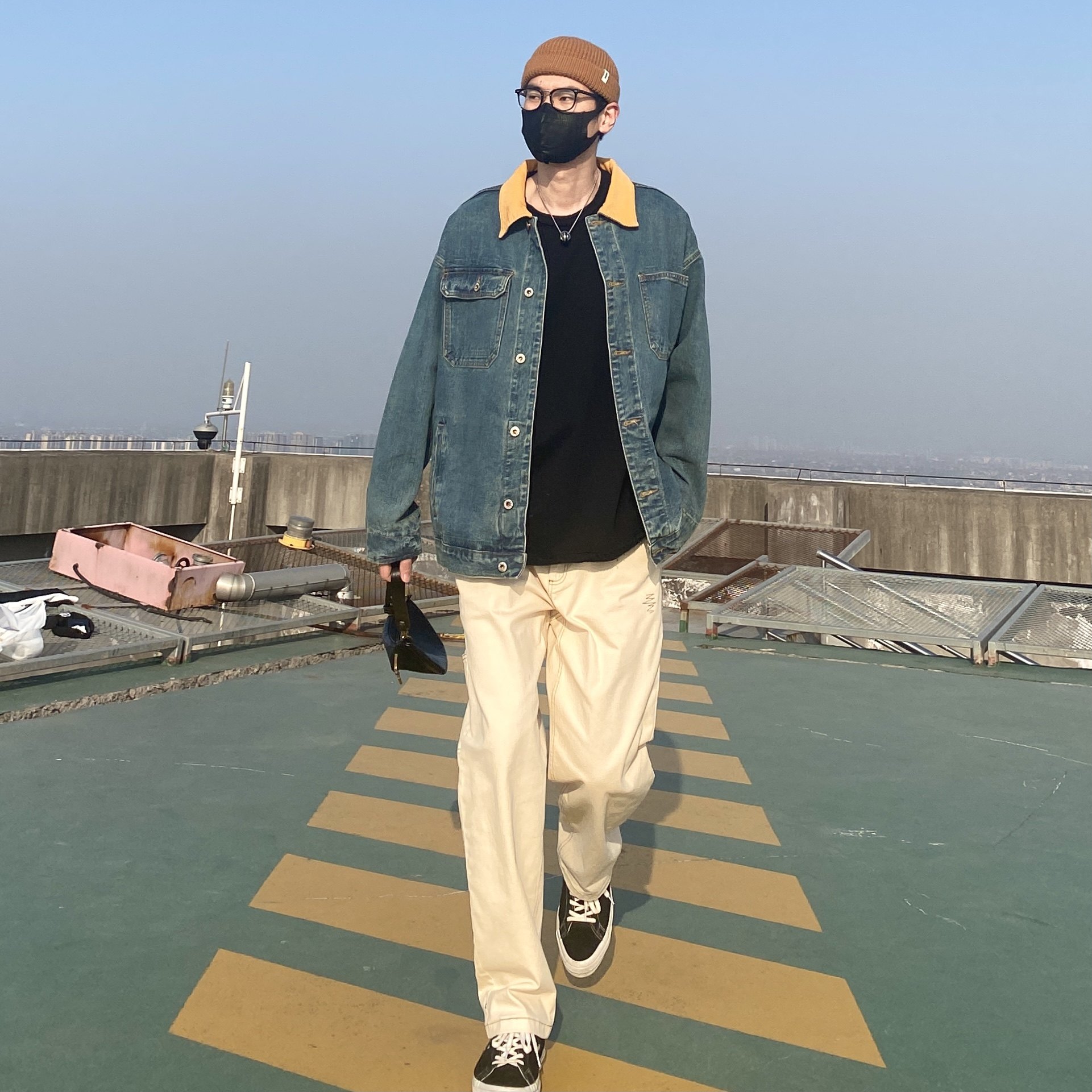 nice lili春秋美式拼色宽松阔版水洗牛仔外套日系复古工装夹克男