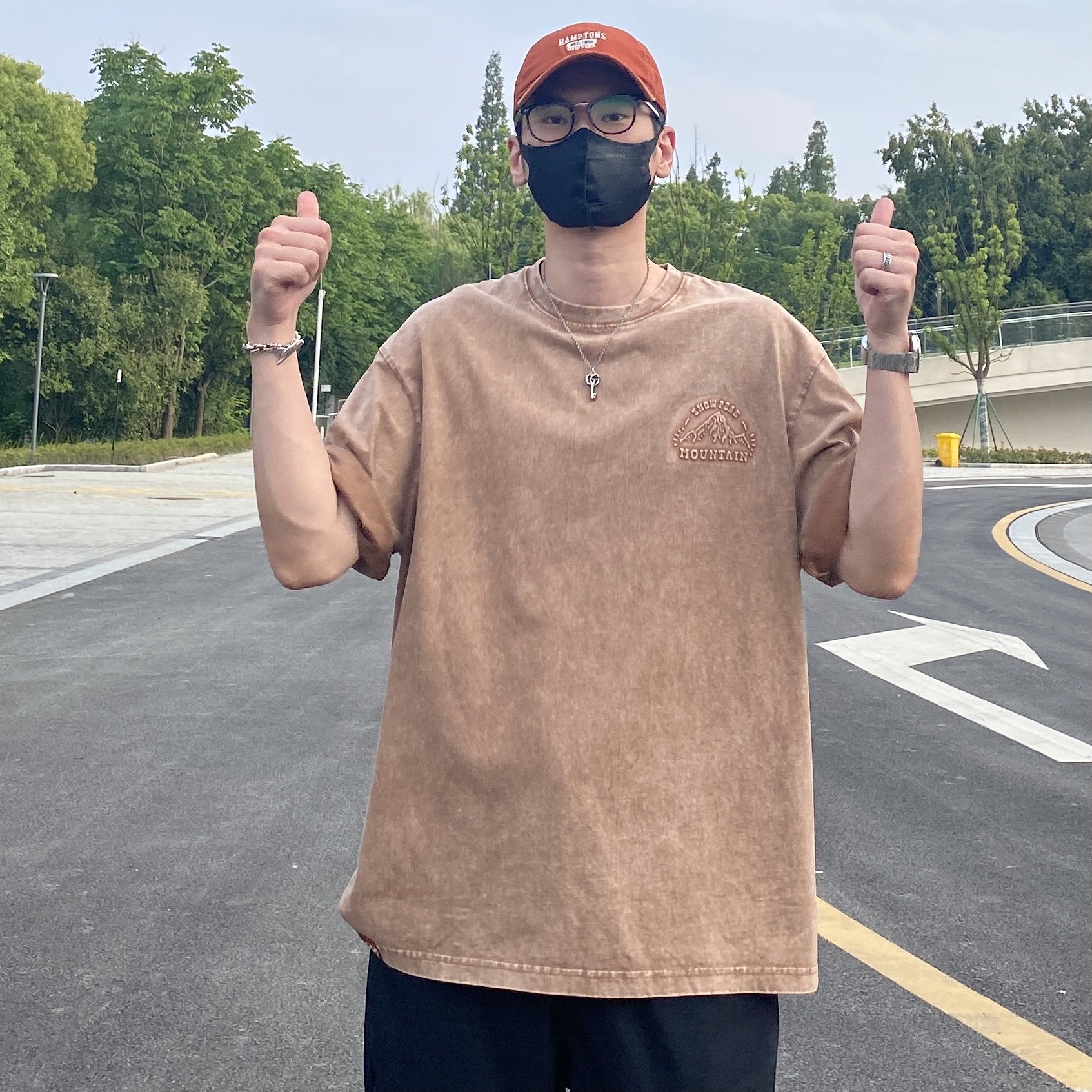 nice lili夏季日系复古街头重磅水洗短袖美式工装宽松印花t恤男