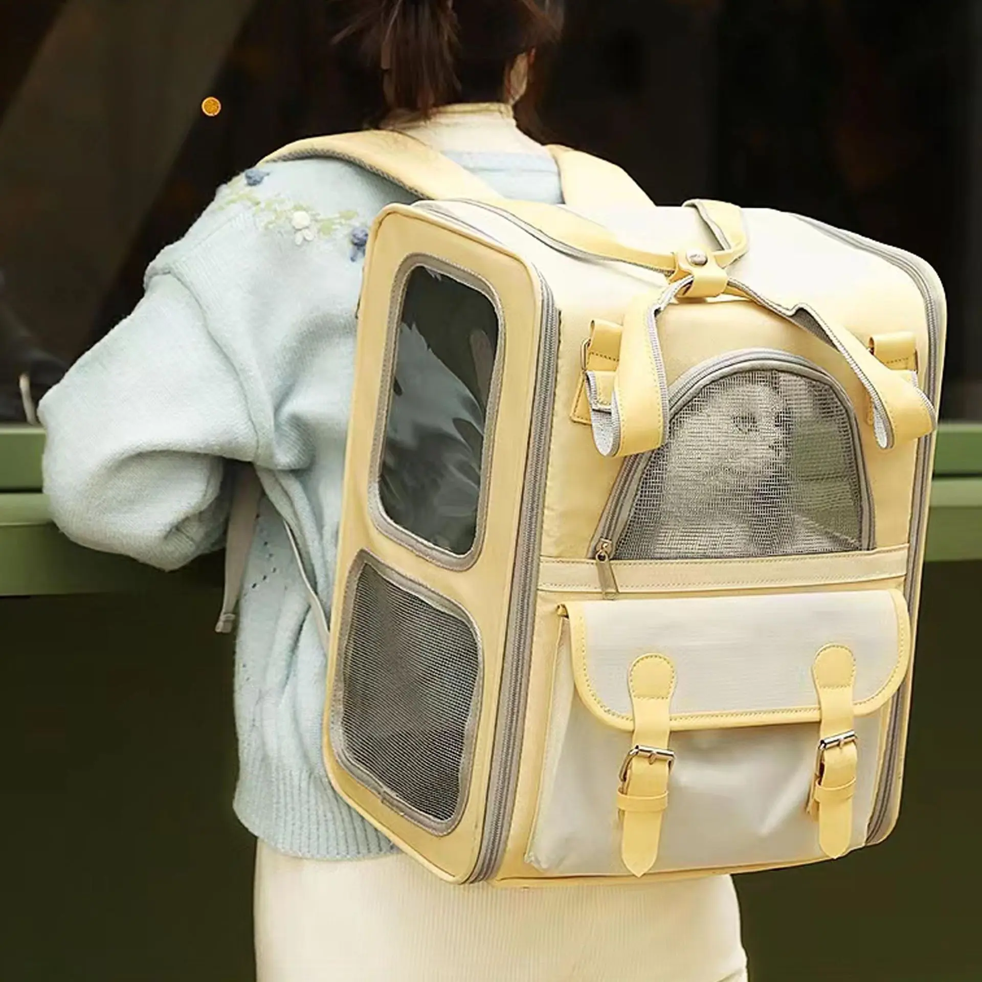 大容量时尚猫包猫咪出行式双肩包户外防应激透气撞色猫咪背包牛津