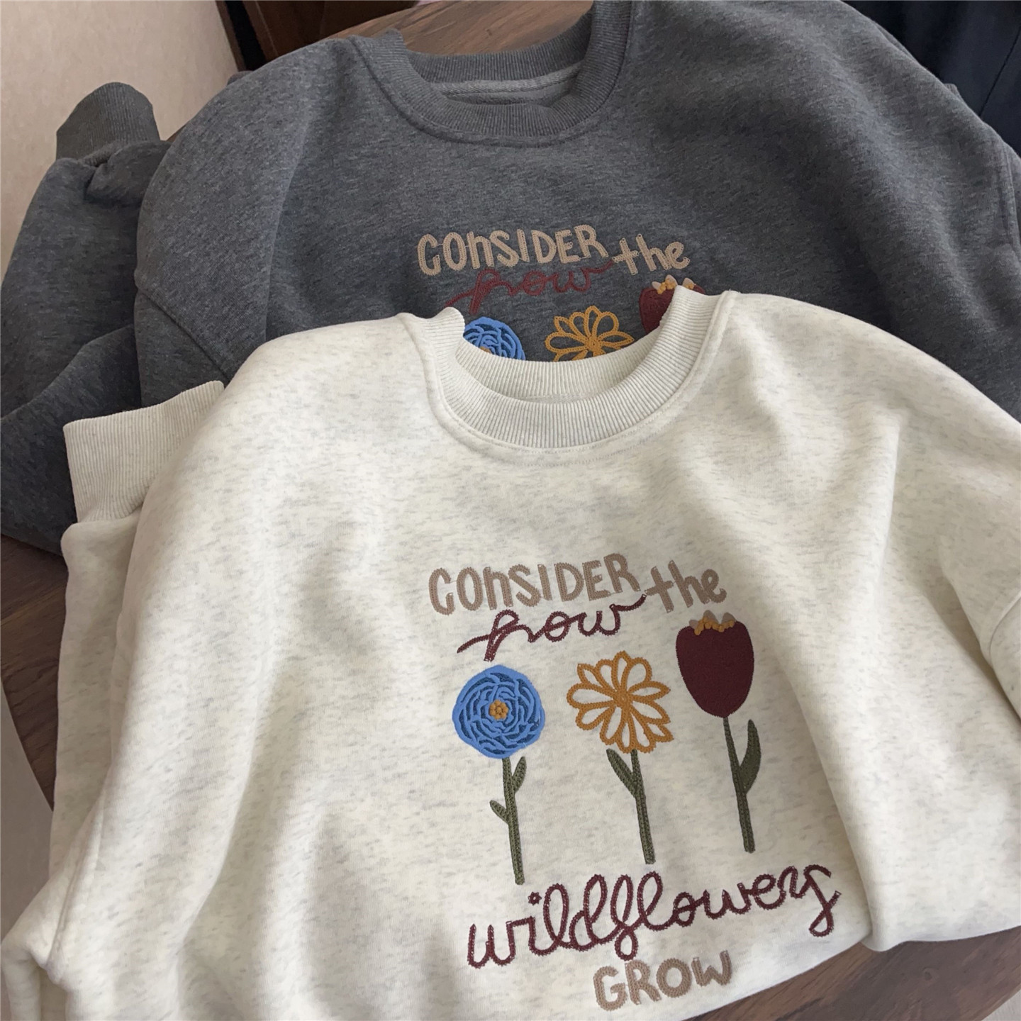 一勺米!花儿朵朵!韩国花朵刺绣圆领加绒加厚宽松慵懒卫衣 上衣