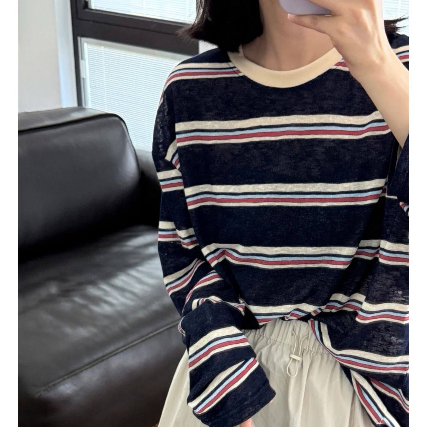 一勺米！藏青条自留！洋气耐看撞色领条纹清透宽松长袖T恤防晒衫