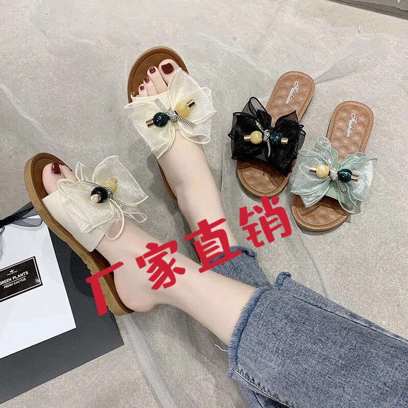 一字拖女夏外穿网纱2025新款大蝴蝶结百搭平底凉拖鞋沙滩耐磨防滑