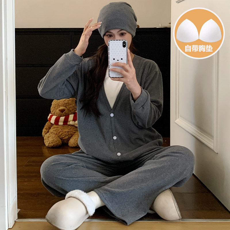 带胸垫春秋冬季加厚保暖德绒产后喂奶哺乳月子服孕妇睡衣女怀孕期