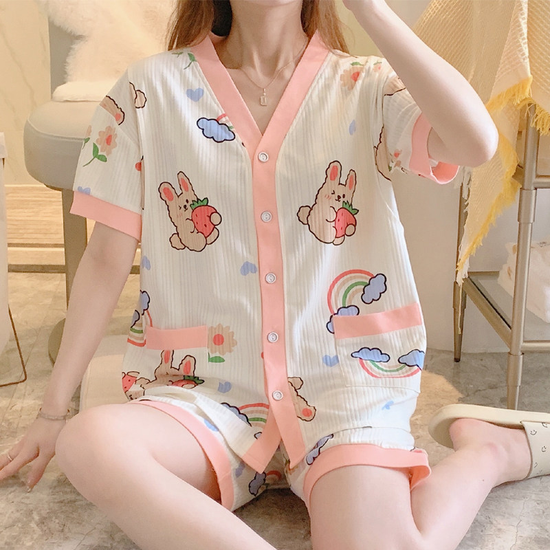 반팔 순면 봄 여름 얇은 땀 흡수 산후 모유 수유 및 여성 산후 의류 출산 잠옷 8 월 7 일