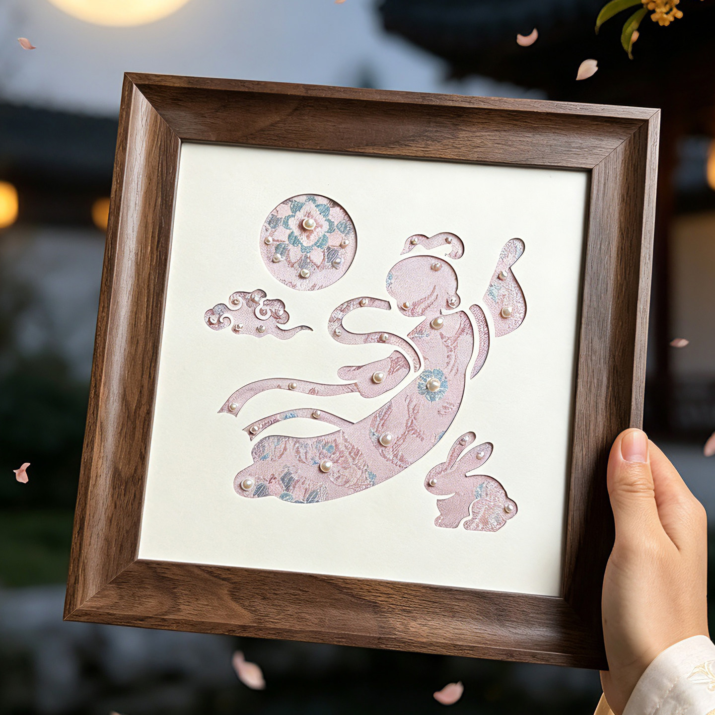 中秋节手工diy宋锦珍珠相框画材料包兔子嫦娥拼贴画社区单位活动