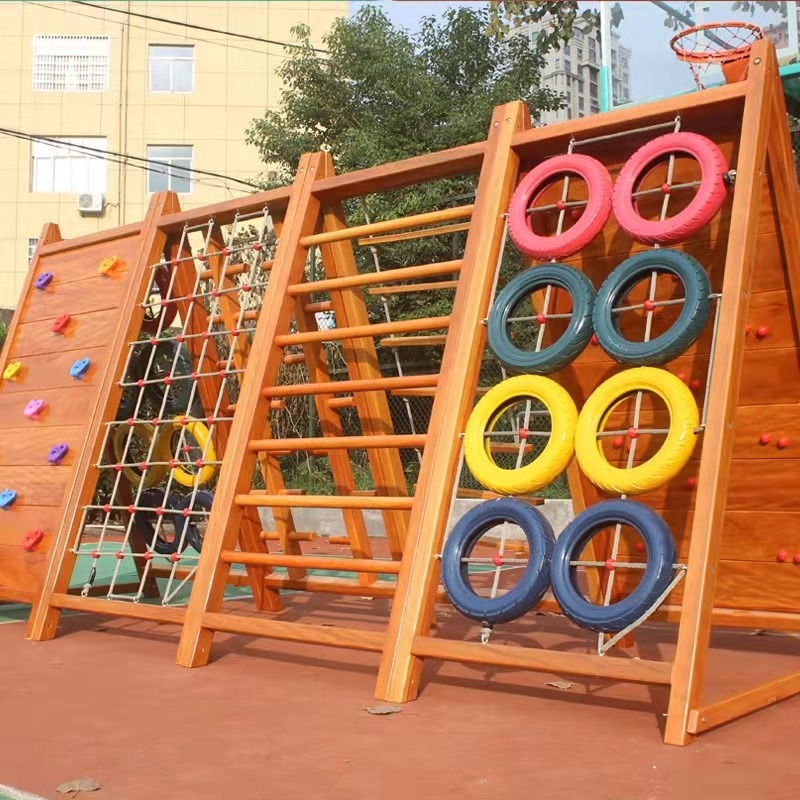 幼儿园攀爬架户外攀岩木质荡桥幼儿园游乐场滑梯爬网体能组合玩具