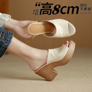 8CM~欧美风粗跟厚底凉拖鞋女软皮外穿简约一字拖夏季高跟百搭拖鞋