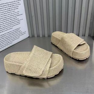 2026夏季新款亚麻面吸汗厚底一字拖女防滑外穿百搭休闲增高凉拖鞋