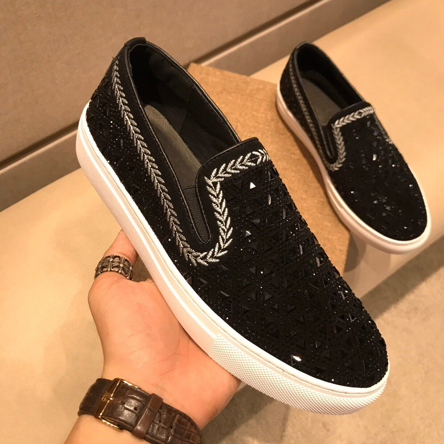 欧洲站男鞋2023春夏乐福鞋男真皮烫钻懒人鞋男一脚蹬潮流休闲鞋男