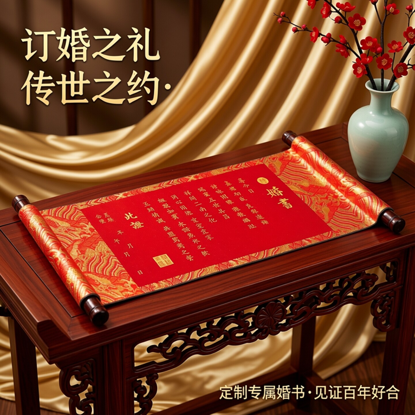 订婚书订婚宴摆台中式婚书下聘书复古风空白手写婚书卷轴定制婚书