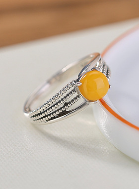 纯银开口戒指圆珠蜜蜡大牌轻奢