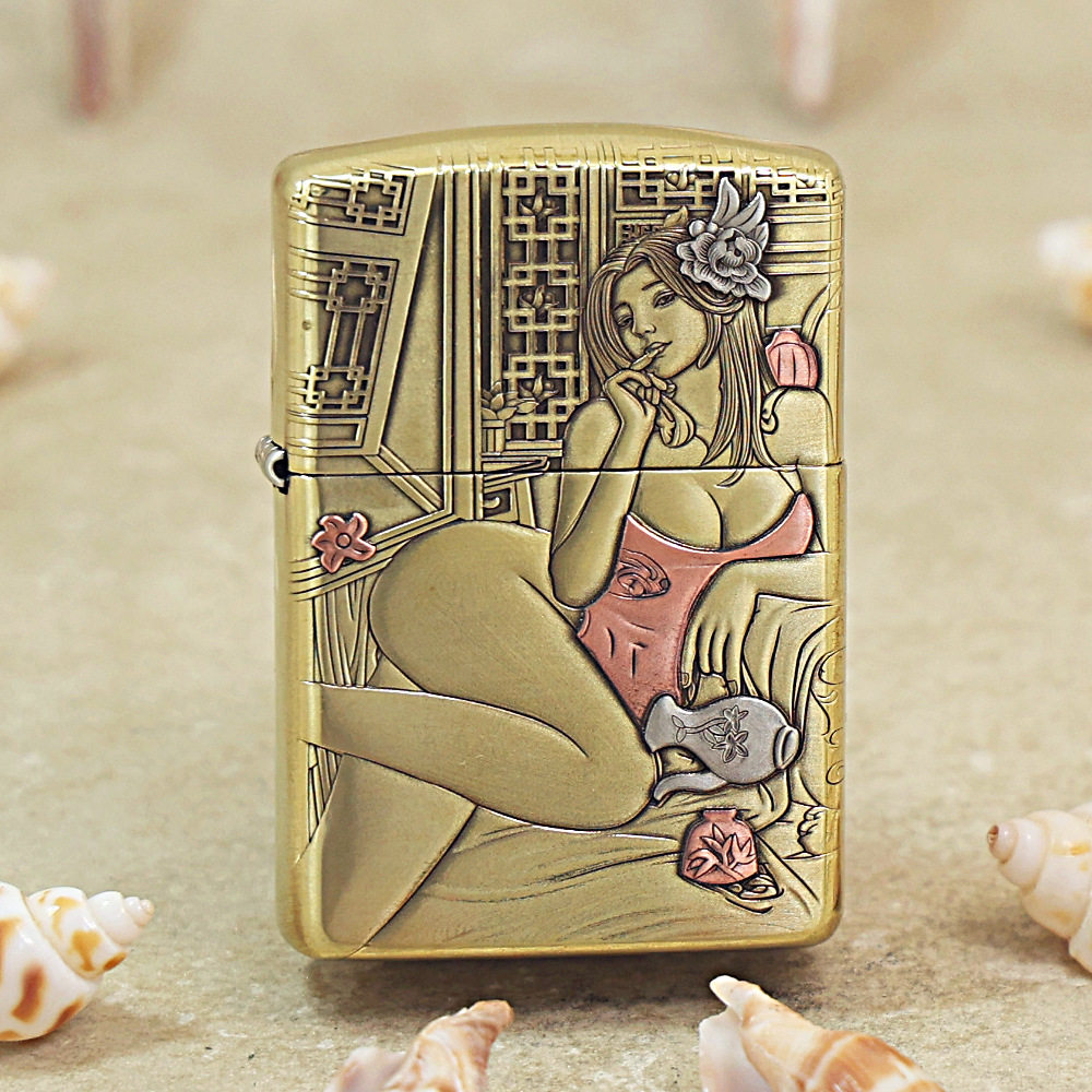 正品Zippo打火机168潘金莲美女人物男士之宝防风盔甲精雕纯铜