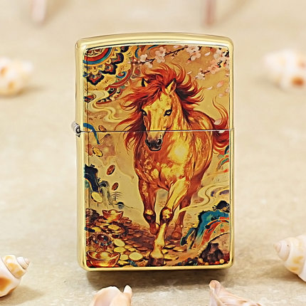 正品zippo打火机205镀金彩绘马上发财生肖动物属马 芝宝ZPPO防风