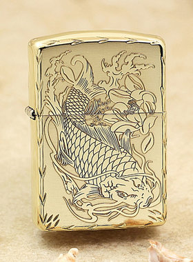 正版zippo纯铜打火机精雕鲤鱼