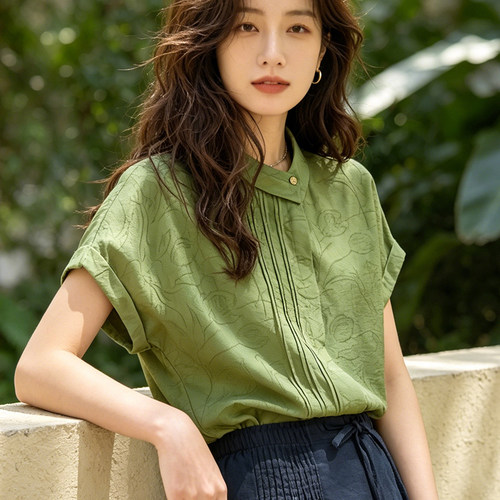 亚麻提花短袖衬衫女设计感