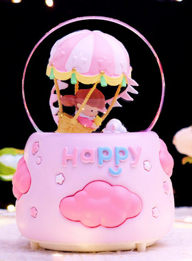 少女心happy女孩热气球透明玻璃发光发亮八音盒水晶球厂家直销