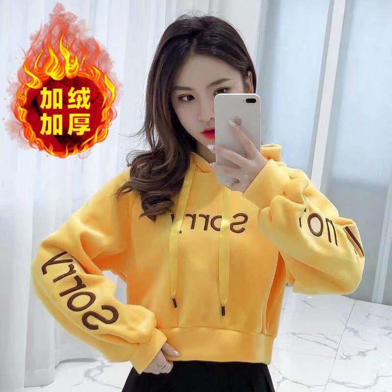 冬装短款卫衣女加绒加厚高腰学生卫衣女加绒银狐绒连帽双面绒上衣