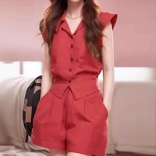 女夏装 风情万种盐系轻熟红色飞袖 两件套装 短裤 搭配一整套 衬衫