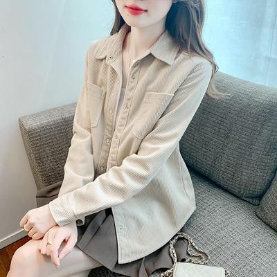 灯芯绒长袖衬衫女秋冬设计感小众衬衣小个子加绒加厚宽松上衣外套