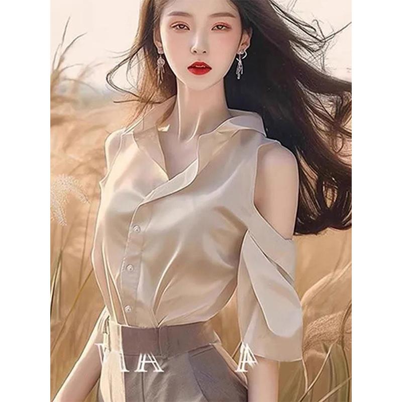 夏季新款甜美时尚衬衫五分袖漂亮小衫洋气高端复古性感露肩衬衣女