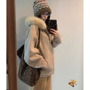 甜美复古毛领连帽加绒加厚毛呢卫衣外套女装冬季新款宽松呢子大衣
