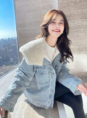 小个子西装大翻领牛仔棉衣外套女加绒2025秋冬季短款皮毛一体外套