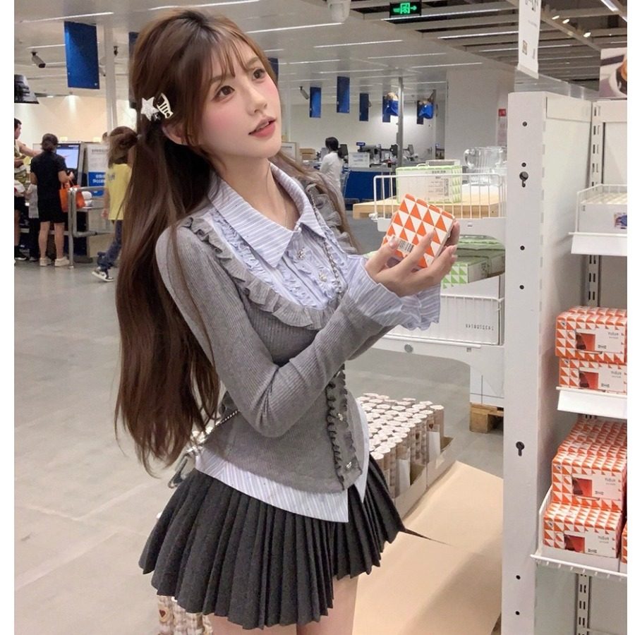 2025新款女装韩系学院风假两件长袖衬衫女秋季高腰显瘦百褶裙套装