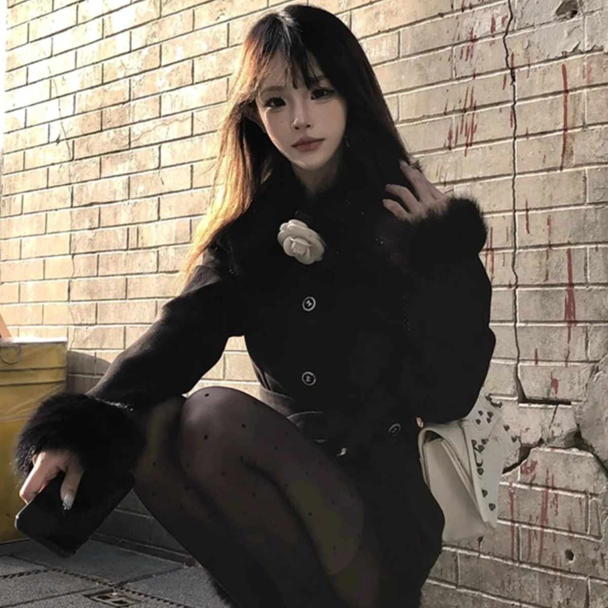 富家千金高级感法式气质加厚显瘦黑色毛领外套半身裙两件套装女冬