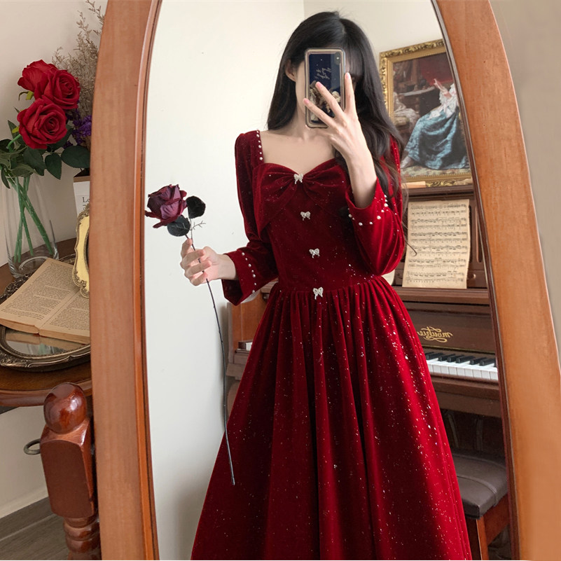 大码冬季敬酒服新娘红色礼服女高级感裙子订婚连衣裙长袖可穿胖mm