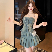 夏季 西部复古辣妹性感开叉牛仔抹胸吊带上衣显瘦百褶短裙两件女套