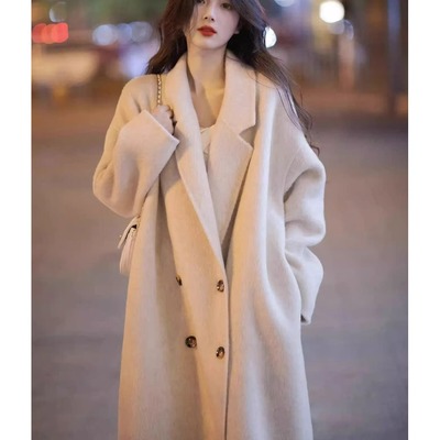 2025冬季韩系白色毛呢外套女高级感小个子中长款双面羊绒呢子大衣