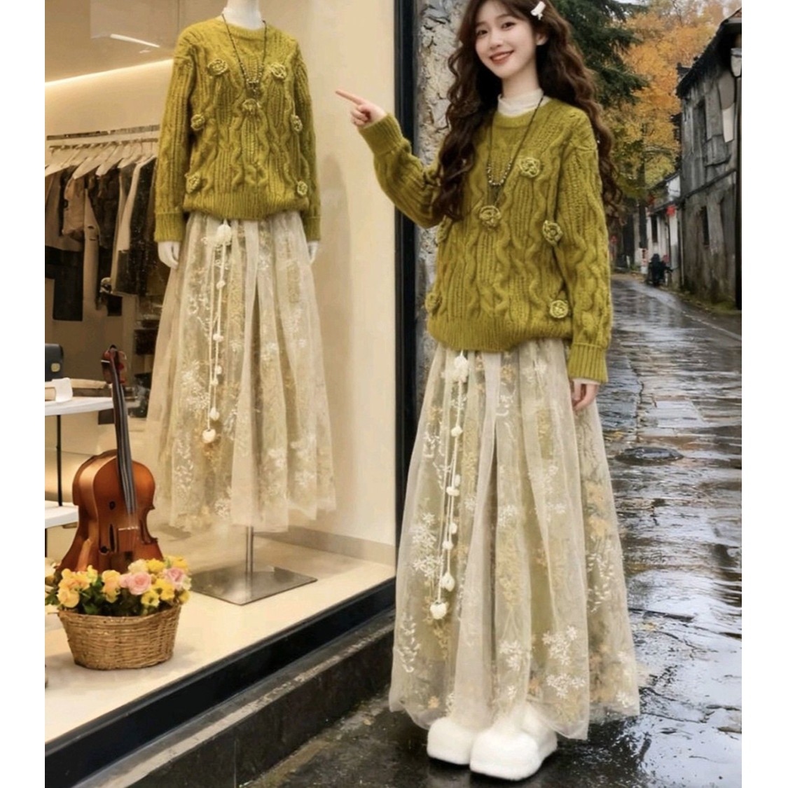 2025冬季新款网纱半身裙女绿色圆领立体花朵长袖针织衫毛衣两件套