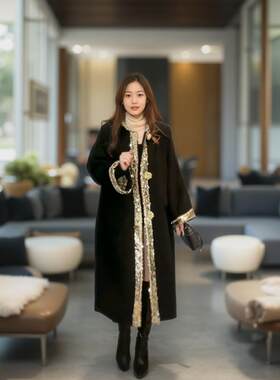 大码胖mm女设计感显瘦手工钉珠双面羊绒重工亮片绣片黑金大衣外套