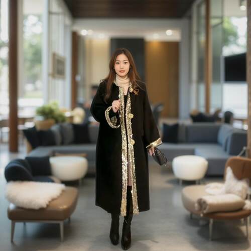 大码胖mm女设计感显瘦手工钉珠双面羊绒重工亮片绣片黑金大衣外套