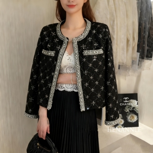 大码女装新款胖mm重工亮片小香风显瘦遮肚气质名媛风短款外套上衣