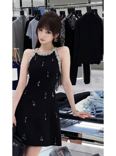 富家千金法式 胖m新款 轻奢重工钉珠小黑色连衣裙 女装 小众2022大码