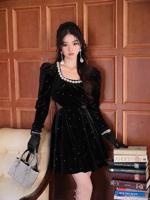 长袖烫钻显瘦丝绒丝绒晚礼服