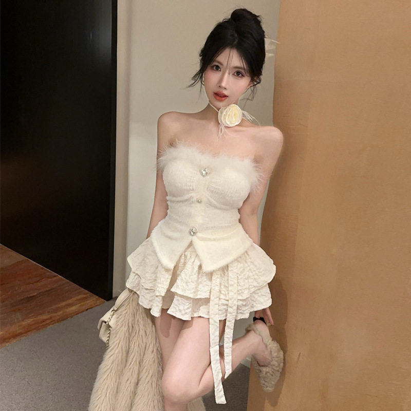 18YXD5420欧美2026跨境外贸女纯欲风毛毛裹胸上衣蛋糕半身裙套装