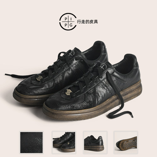 PIPG复古水洗马皮德训鞋男 百搭手工运动休闲板鞋 通勤黑色皮鞋