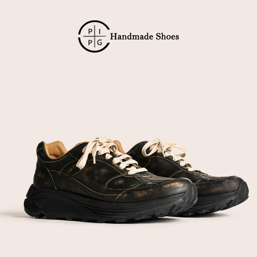 PIPG复古做旧老爹鞋男黑武士手工擦色真皮休闲运动鞋慢跑厚底透气