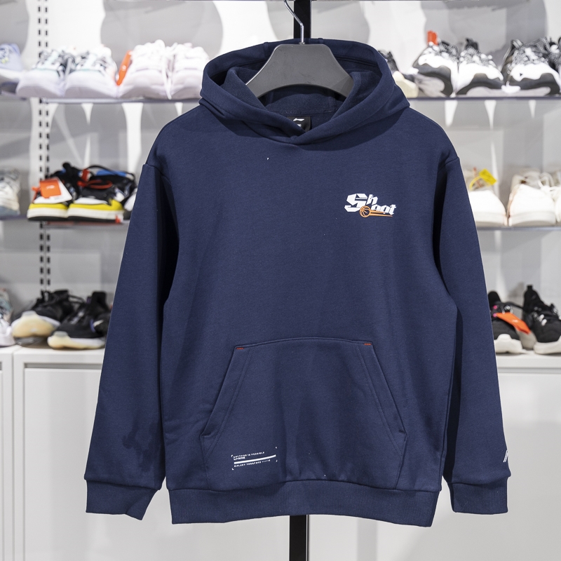 李宁正品2024新款男大童潮流休闲印花加绒保暖连帽卫衣YWDU497-2