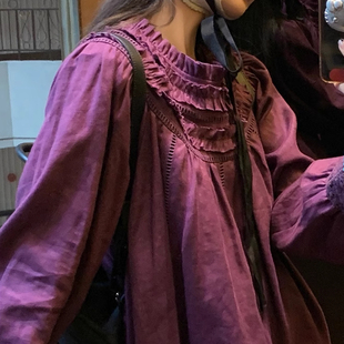 le rouge周美美同款 果酱少女全亚麻紫西梅花边领娃娃短款连衣裙