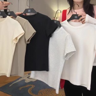 Mona张绮贤 春季新款2026莱卡棉多色T恤正肩修身圆领短袖上衣