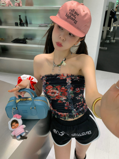 周美美同款 布拉格馥郁玫瑰印花网纱弹力褶皱花边抹胸碎花上衣