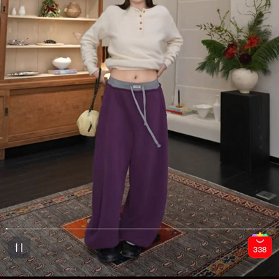 拼接腰头加绒抽绳休闲卫裤