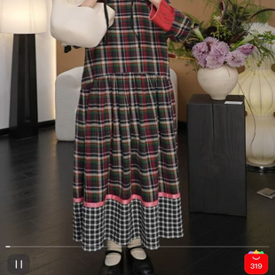 周美美同款 伦敦文艺少女红绿格拼色曲牙花边长款连衣裙