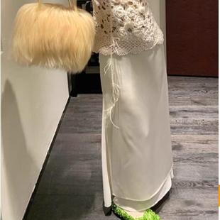 le rouge周美美 银河手信静奢感侧开衩双层纱米色缎面长款半身裙