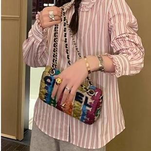 le rouge周美美 我的天才女友复古学院粉色条纹翻领花边叠穿衬衫